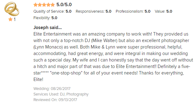 EliteEntertainment_WeddingWireReview_NJWedding_MikeWalter&LynnMonaco 2017 8-26-17